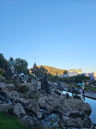 Mexico City, Mexico - Nov 25, 2024: Fountain of the sculpture group called La Ofrenda with the Virgin and indigenous people in the Basilica of Guadalupe in CDMXのeditorial素材