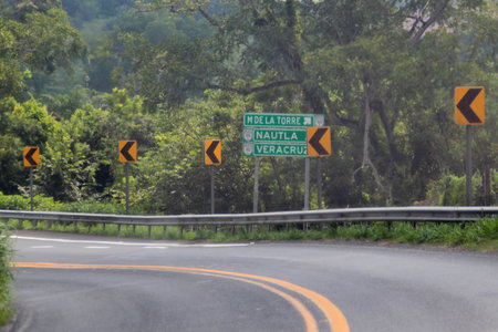 Veracruz, Mexico - Oct 26, 2025: Roadside sign and informative traffic signs in the direction of Veracruz for drivers traveling on a road tripのeditorial素材