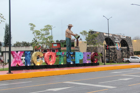 Xicotepec, Puebla, Mexico - Nov 10, 2025: Entrance with colorful letters to the magical town of Xicotepec in the Sierra Norte of the Mexican coffee-growing state of Pueblaのeditorial素材