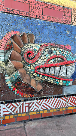 Zacatlan, Puebla, Mexico - Jan 5, 2026: Handcrafted stained glass murals on the walls of the cemetery in the Magical Town of Zacatlan de las Manzanas in Puebla, Mexicoのeditorial素材