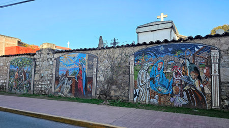 Zacatlan, Puebla, Mexico - Jan 5, 2026: Handcrafted stained glass murals on the walls of the cemetery in the Magical Town of Zacatlan de las Manzanas in Puebla, Mexicoのeditorial素材