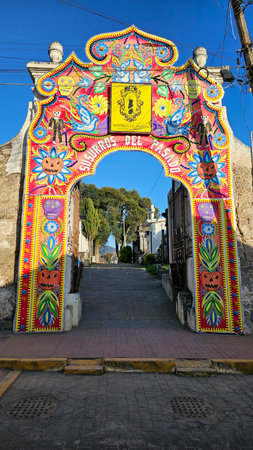 Zacatlan, Puebla, Mexico - Jan 5, 2026: Handcrafted stained glass murals on the walls of the cemetery in the Magical Town of Zacatlan de las Manzanas in Puebla, Mexicoのeditorial素材