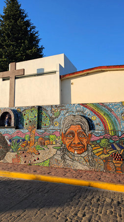 Zacatlan, Puebla, Mexico - Jan 5, 2026: Handcrafted stained glass murals on the walls of the cemetery in the Magical Town of Zacatlan de las Manzanas in Puebla, Mexicoのeditorial素材