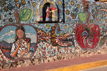 Zacatlan, Puebla, Mexico - Jan 5, 2026: Handcrafted stained glass murals on the walls of the cemetery in the Magical Town of Zacatlan de las Manzanas in Puebla, Mexicoのeditorial素材