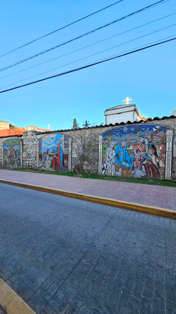 Zacatlan, Puebla, Mexico - Jan 5, 2026: Handcrafted stained glass murals on the walls of the cemetery in the Magical Town of Zacatlan de las Manzanas in Puebla, Mexicoのeditorial素材
