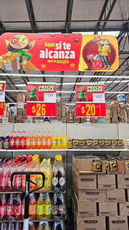 Huauchinango, Puebla, Mexico - Dec 26, 2025: Bodega Aurrera, a Mexican chain of discount stores and supermarkets owned by Walmart, offers low prices with the image of Mama Luchaのeditorial素材