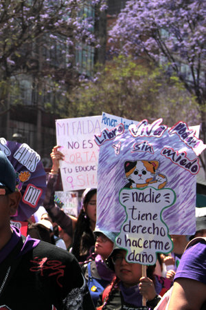 Mexico City, Mexico - Mar 8, 2025: 8M is the march held every March 8th for International Women's Day to demand equality, denounce violence, femicide, machismo and discriminationのeditorial素材