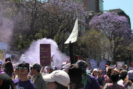 Mexico City, Mexico - Mar 8, 2025: 8M is the march held every March 8th for International Women's Day to demand equality, denounce violence, femicide, machismo and discriminationのeditorial素材