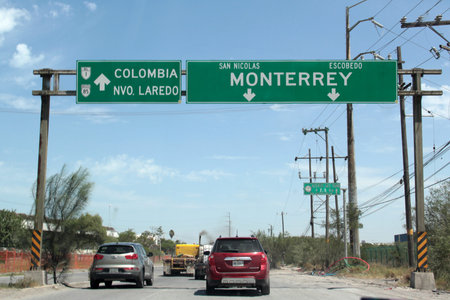 Monterrey, Nuevo Leon, Mexico - Jul 29, 2025: Highway signs for Monterrey show distance and...