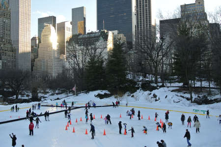 people of New York skating in Central park, snow and red cones, february 2014のeditorial素材