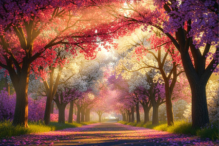 Beautiful spring landscape with blooming sakura trees and road.の素材