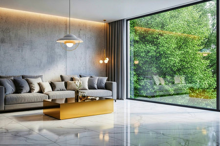 Luxury living room interior with a large window overlooking the garden. 3d renderingの素材