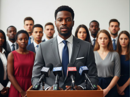 Portrait of an african american businessman speaking at a conferenceの素材