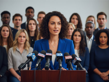 Portrait of a beautiful businesswoman with microphone in front of her teamの素材