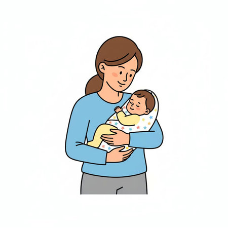 Mother holding her newborn baby in her arms. Vector illustration on white background.の素材
