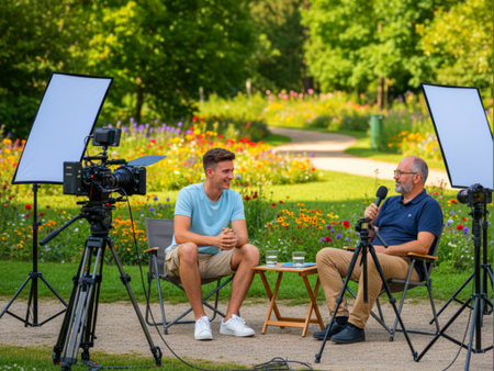 Man with a beard is recording a podcast in the gardenの素材