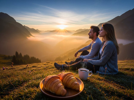 Couple sitting on the grass in the mountains with croissants and coffeeの素材