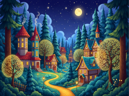 Cartoon fairy tale landscape with houses, trees and moon. Illustrationの素材