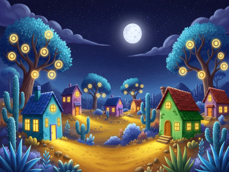 cartoon scene with village at night and full moon - illustration for childrenの素材