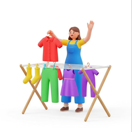 Happy pregnant woman doing laundry on a white background. 3d rendering.の素材