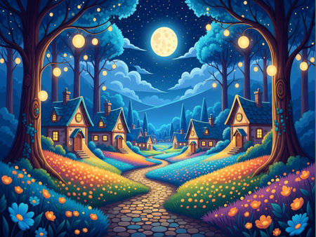 Village in the forest at night with full moon. Vector illustrationの素材