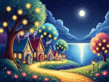 Night landscape with fairy-tale houses and lake. Vector illustration.の素材