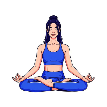 Young woman practicing yoga in lotus position. Cartoon vector illustration.の素材