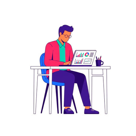Businessman sitting at desk and working on laptop. Male character in casual clothes working on computer. Vector illustration in flat styleの素材