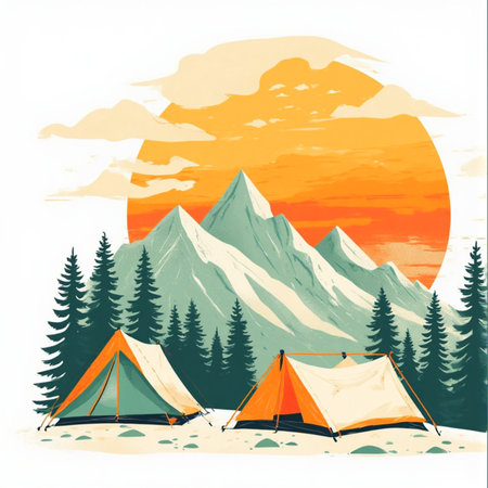 Camping in the mountains. Vector illustration of a tent in the mountains.の素材