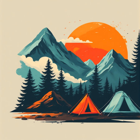 Camping in the mountains at sunset. Hand drawn vector illustration.の素材