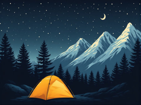 Illustration of a camping tent in the forest at night with mountains in the backgroundの素材