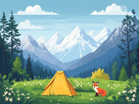 Camping in the mountains with a fox and a tent. Vector illustrationの素材