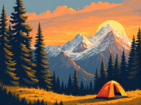 Tent in the mountains at sunset. Vector illustration for your designの素材
