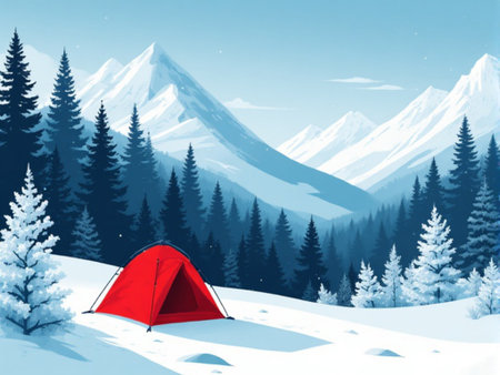 Illustration of a red tent in the winter mountains, vector illustrationの素材