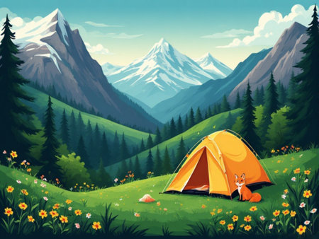 Camping in the mountains with orange tent and flowers. Vector illustrationの素材