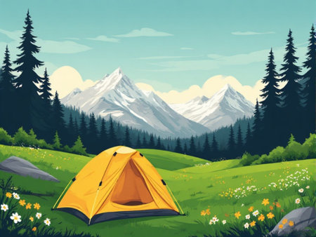 Camping in the mountains with a yellow tent. Vector illustration.の素材