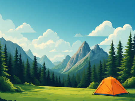 Illustration of a camping in a beautiful nature with a tent and mountainsの素材