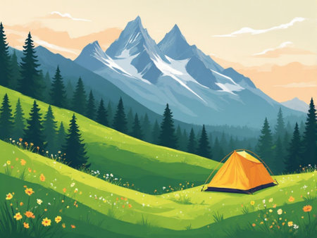 Camping on mountain meadow. Vector illustration in retro style.の素材