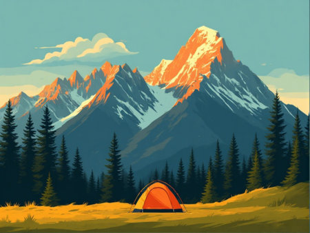 Camping in the mountains. Vector illustration of a tent in the mountains.の素材