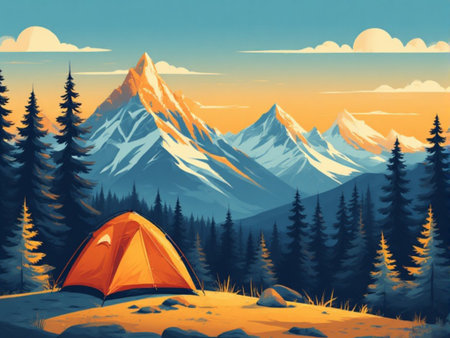 Camping in the mountains. Mountain landscape with a tent. Vector illustrationの素材