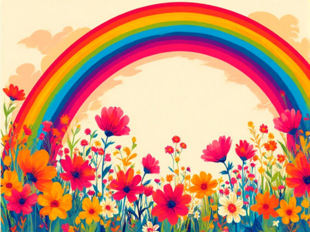 Beautiful floral background with flowers and rainbow. Hand drawn illustration.の素材