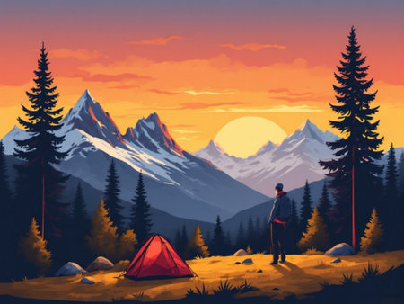 Camping in the mountains at sunset. Illustration in vector formatの素材