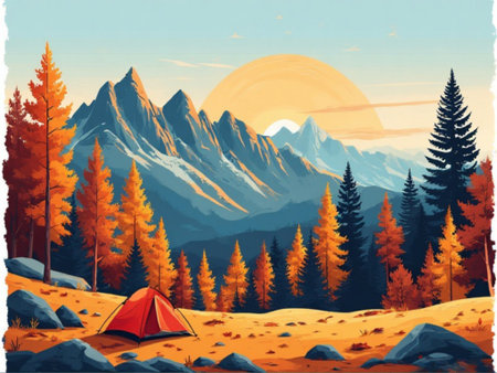 Landscape with mountains, forest and camping tent. Vector illustration.の素材