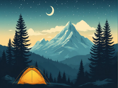 Camping in the mountains at night with a tent. Vector illustrationの素材