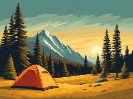 Camping in the mountains. Vector illustration of a mountain landscape.の素材