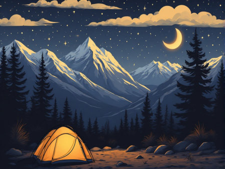 Camping in the mountains at night with a tent. Vector illustration.の素材