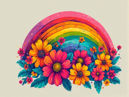 Rainbow and flowers on a white background. Hand drawn illustration.の素材