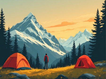 Camping in the mountains. Camping in the mountains. Vector illustrationの素材