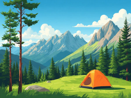 Camping in the mountains. Vector illustration of a beautiful landscape.の素材
