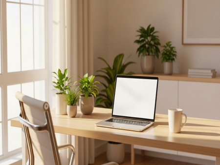 Laptop with blank screen on wooden table in modern office. Mock upの素材